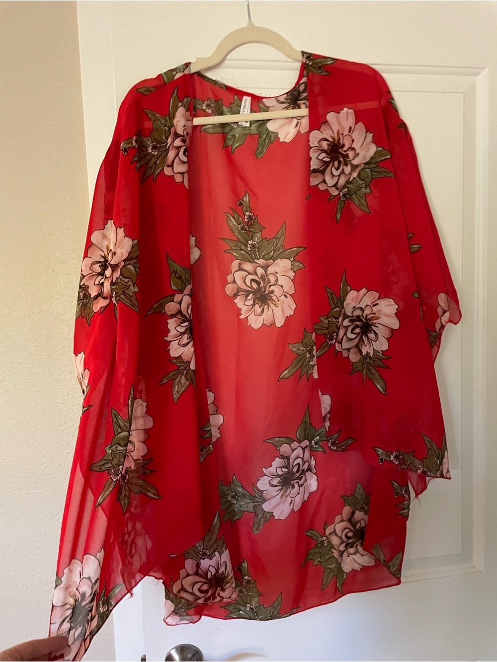 Red Floral Sheer Kimono Cover-Up